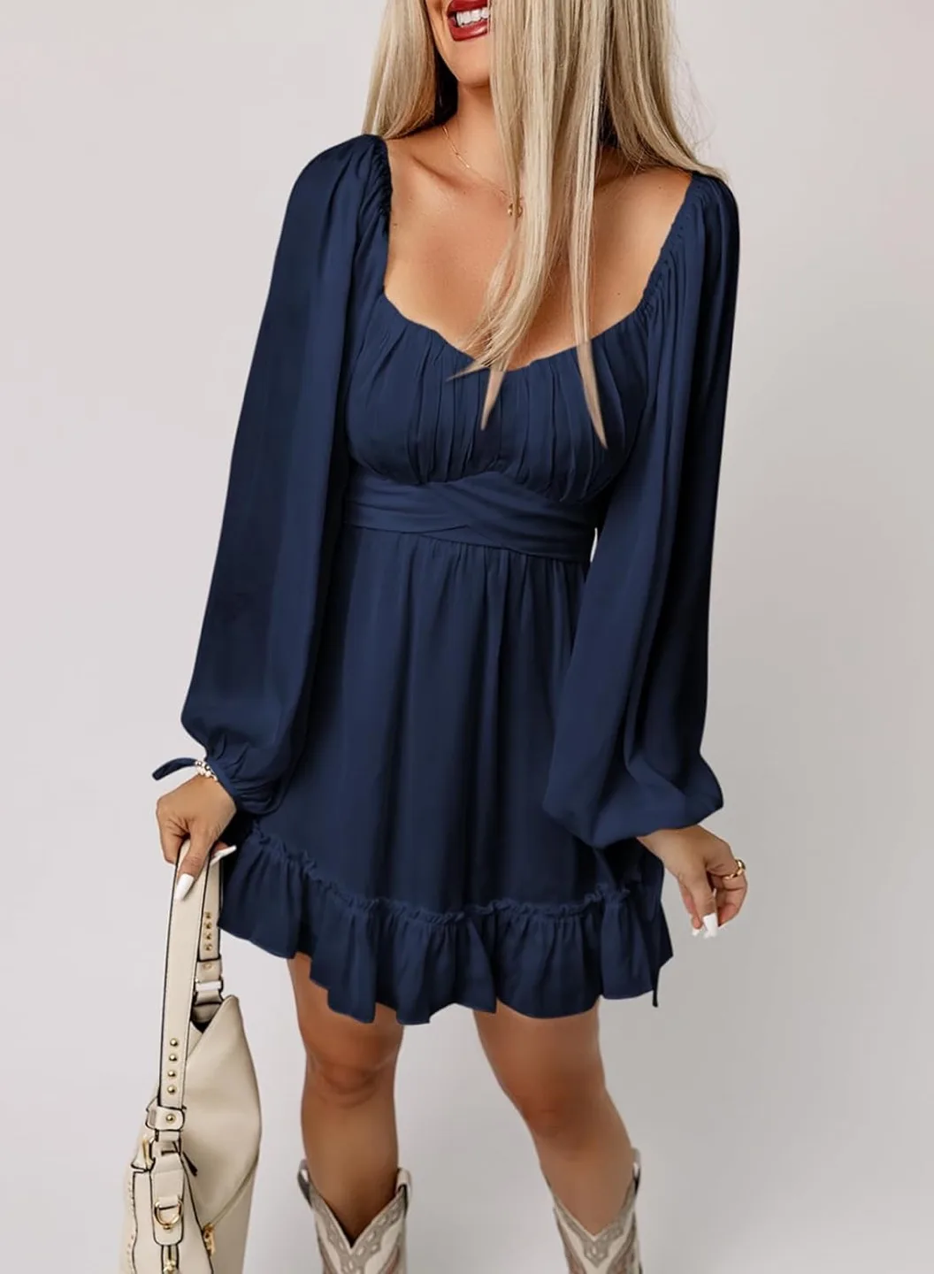 New Acelitt Casual Long lantern Sleeve, Square Neck mini dress-M image indicator(4)