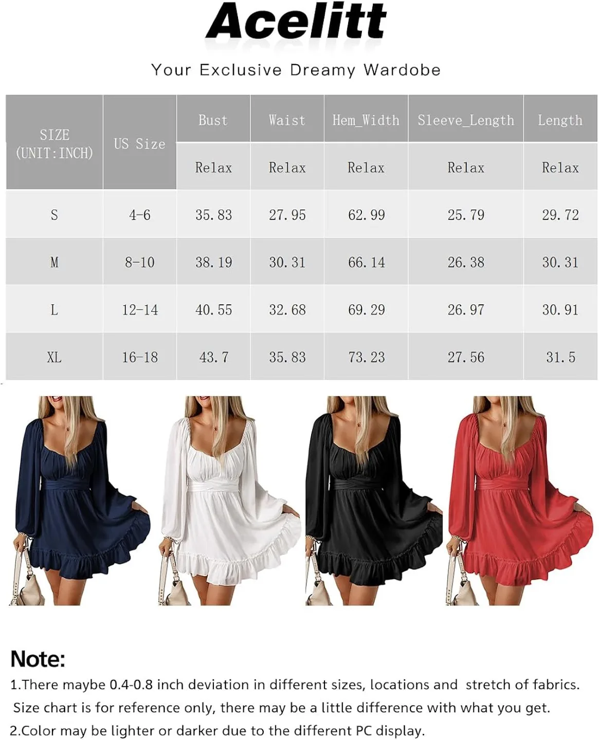 New Acelitt Casual Long lantern Sleeve, Square Neck mini dress-M image indicator(5)