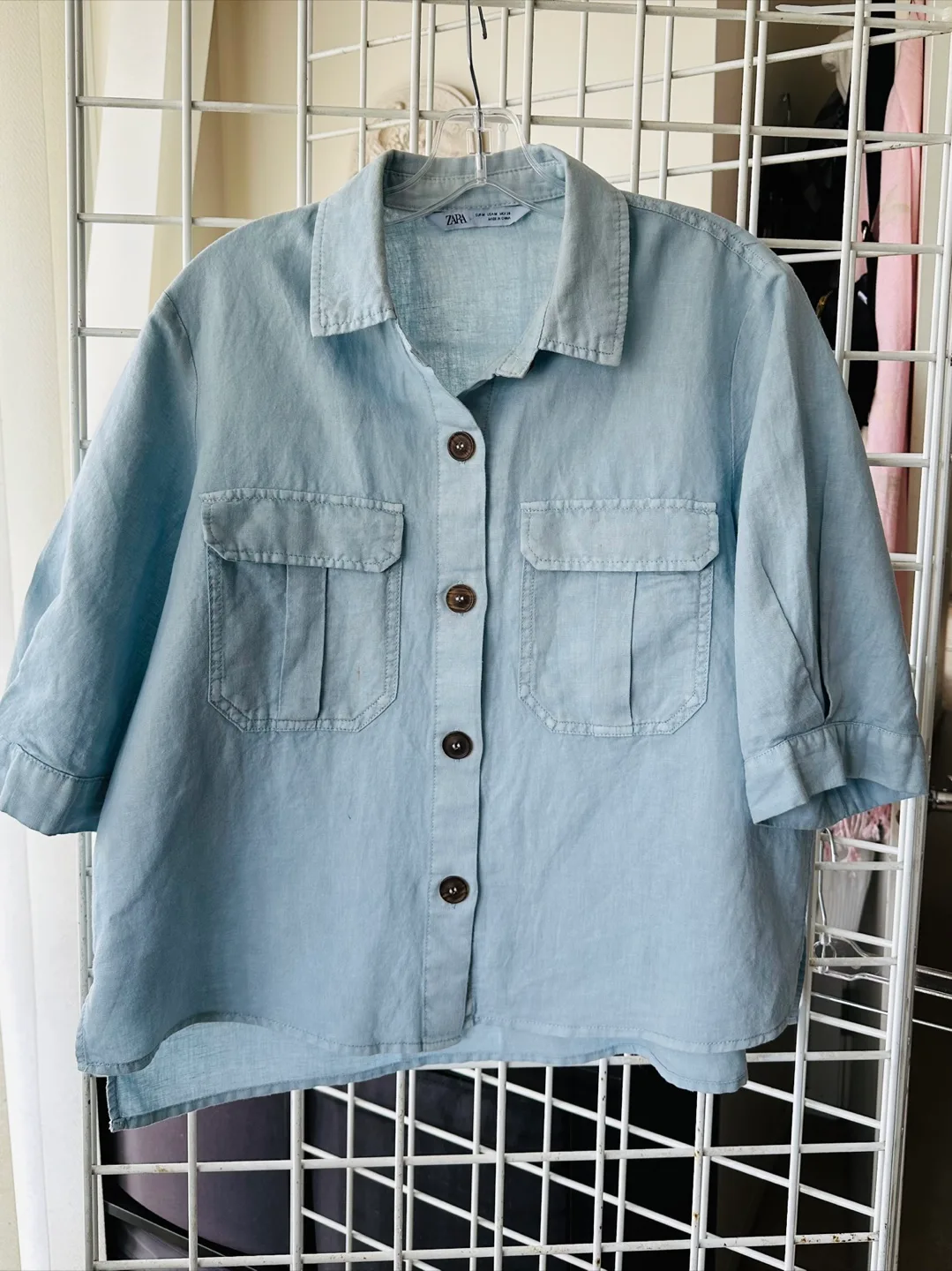ZARA Women's Light Blue Linen Shirt - Size Medium thumbnail