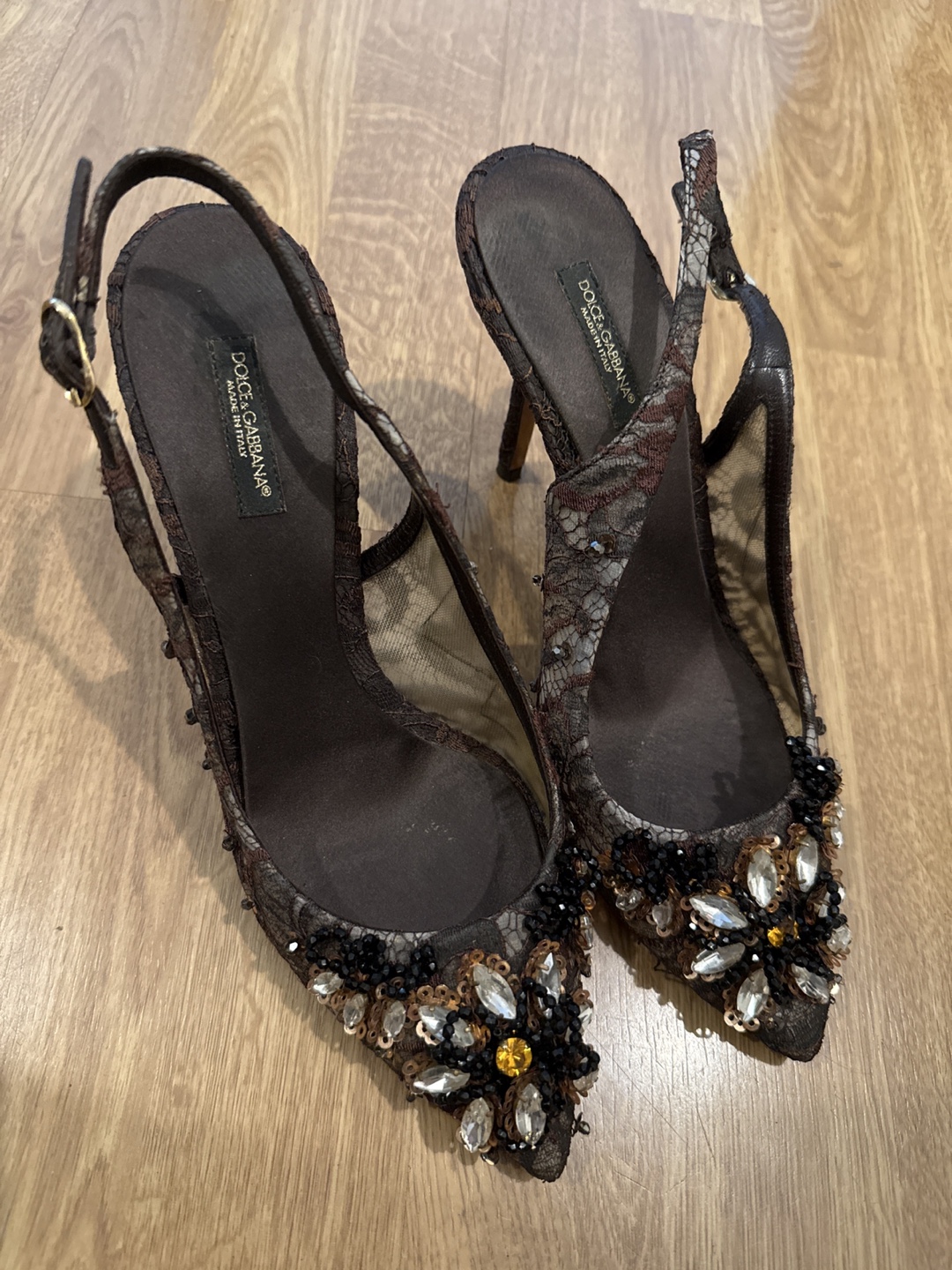 Authentic Dolce & Gabbana Embellished Lace Slingback Heels