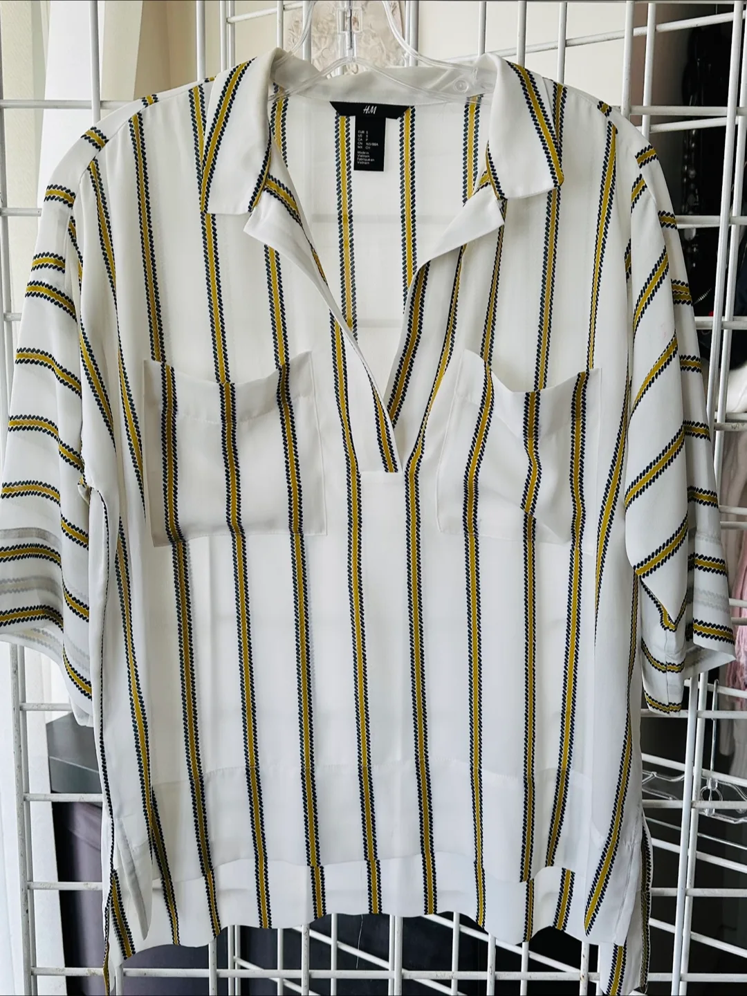 H&M Women's White Striped Collared Blouse, Size Small thumbnail