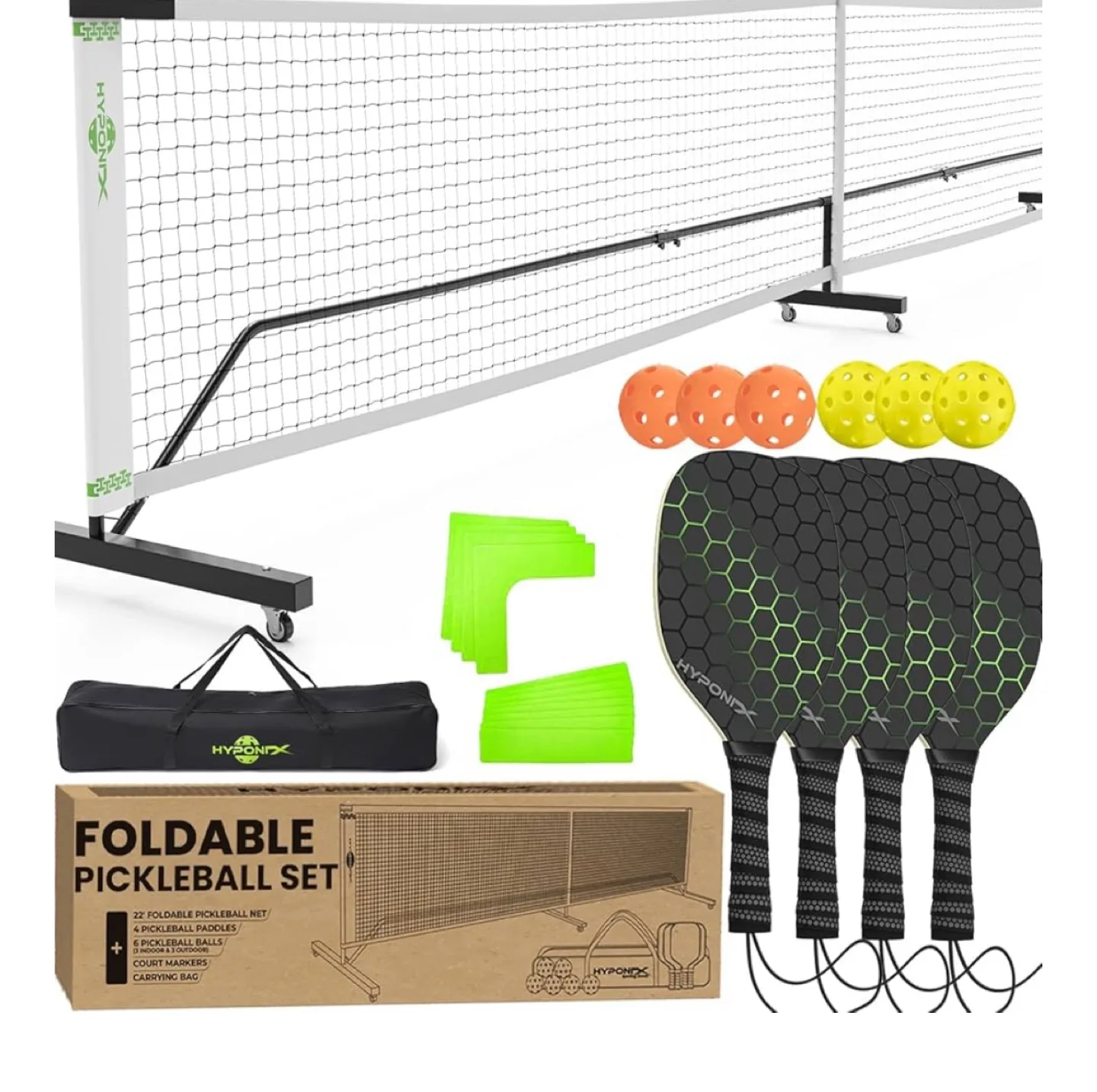Foldable Pickleball Set - 4 Paddles, Net, Balls & Markers thumbnail