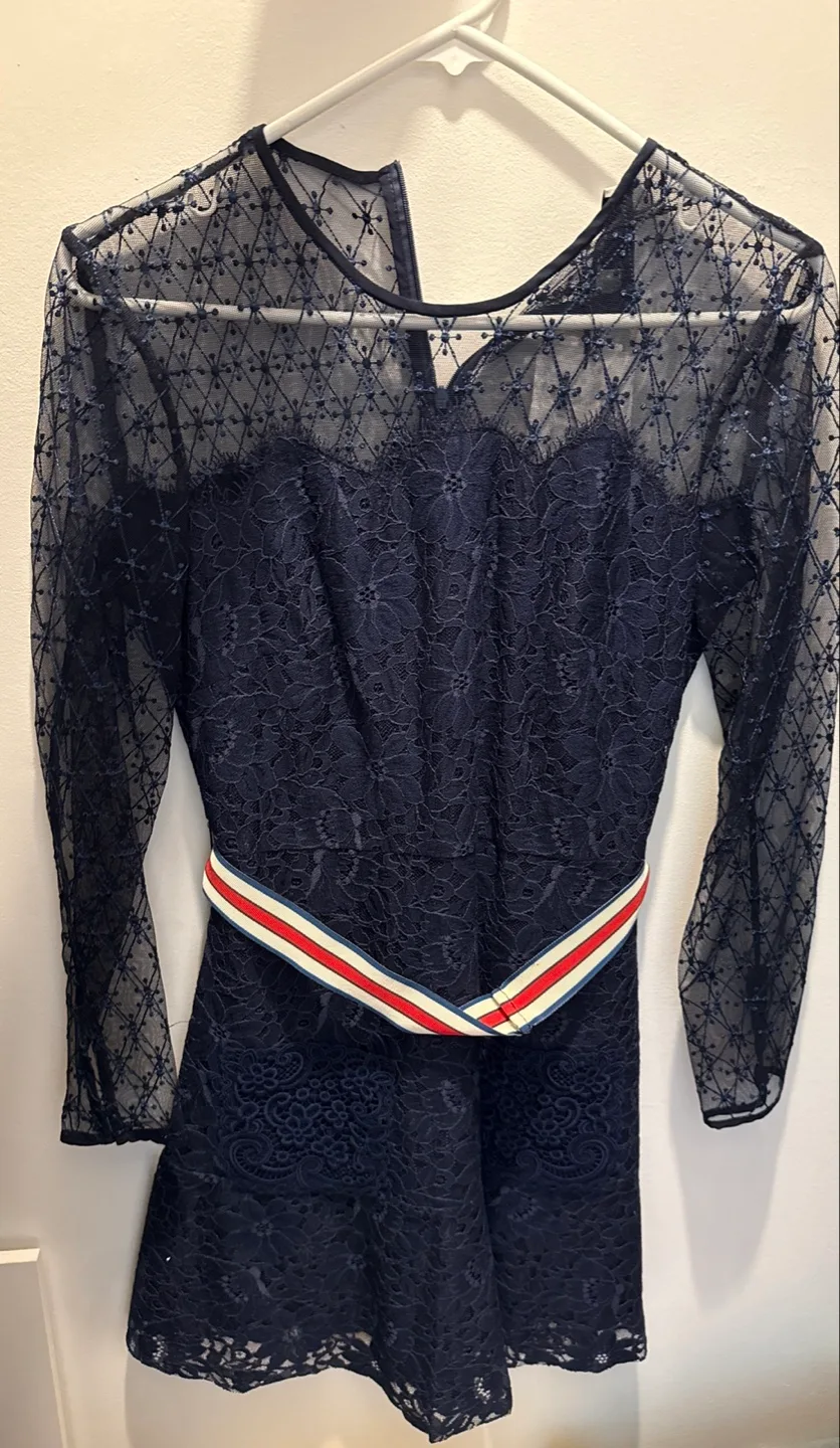 Sandro New with Tags Navy Blue Lace Dress with Belt thumbnail