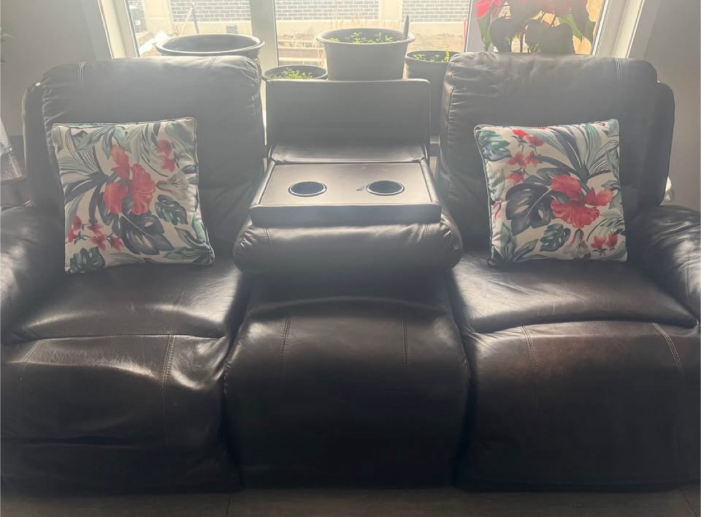 Brown Leather Reclining Sofa