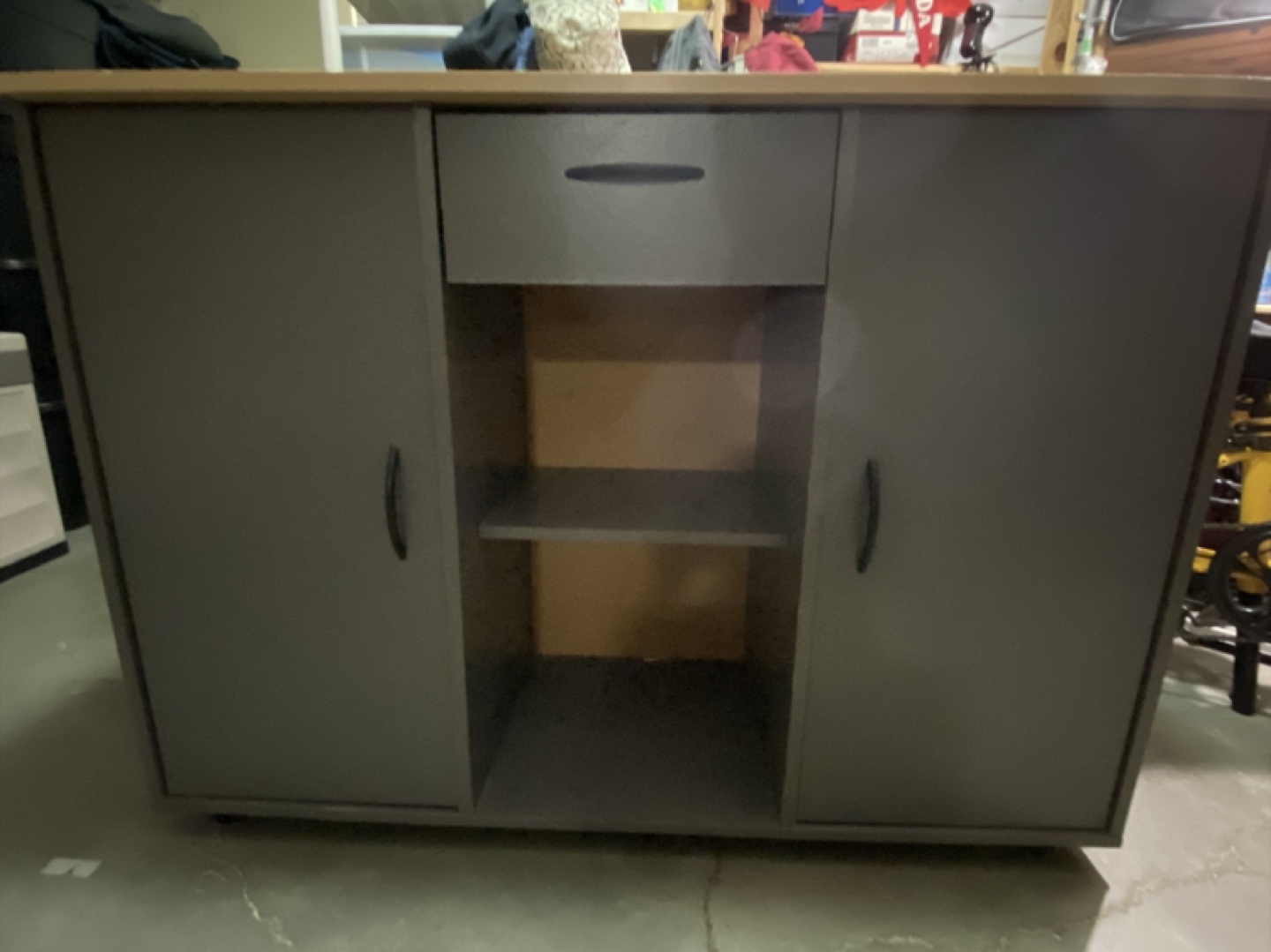 Grey and Beige Storage Cabinet with Shelves and Drawer
