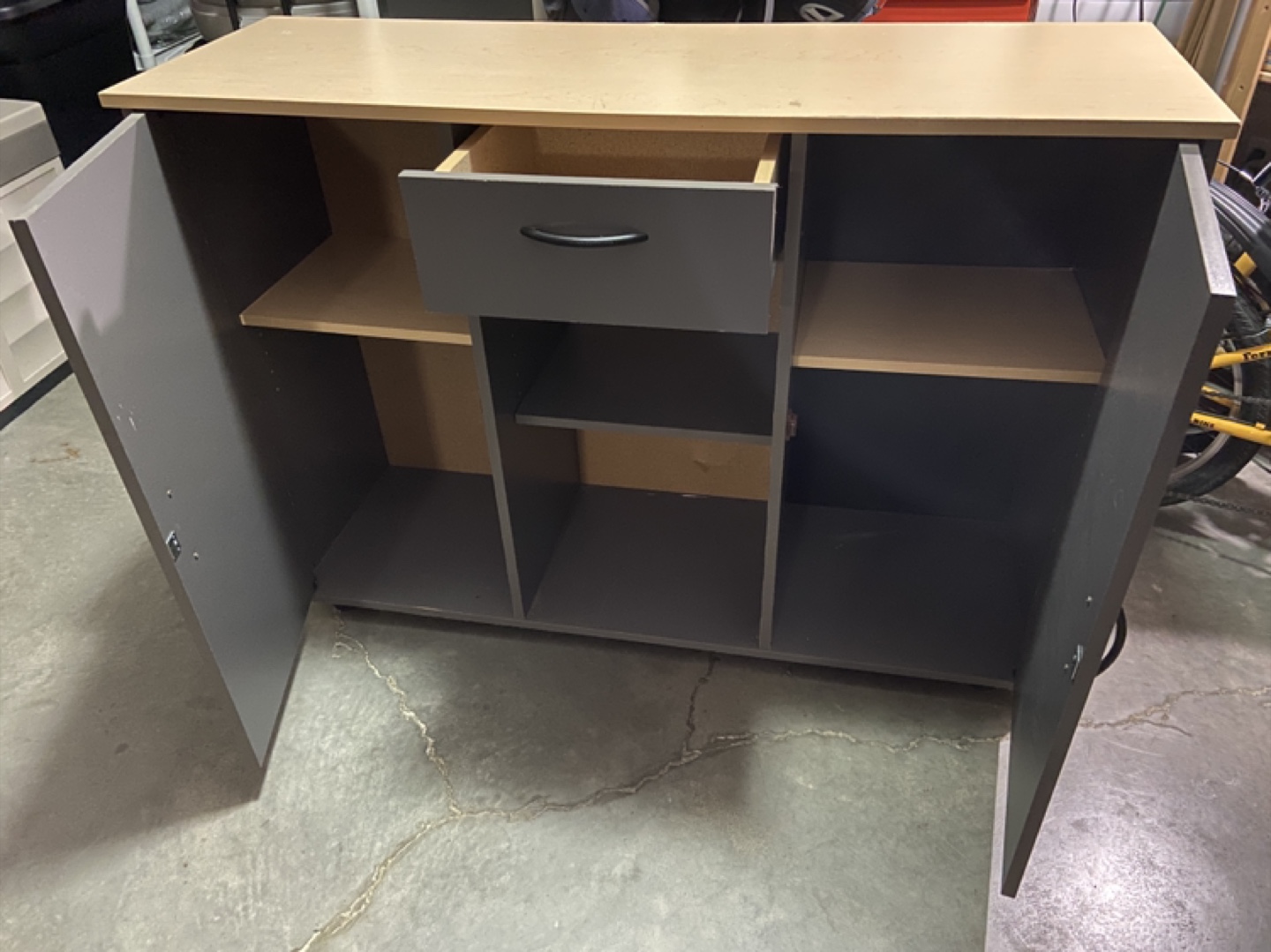 Grey and Beige Storage Cabinet with Shelves and Drawer - photo 2