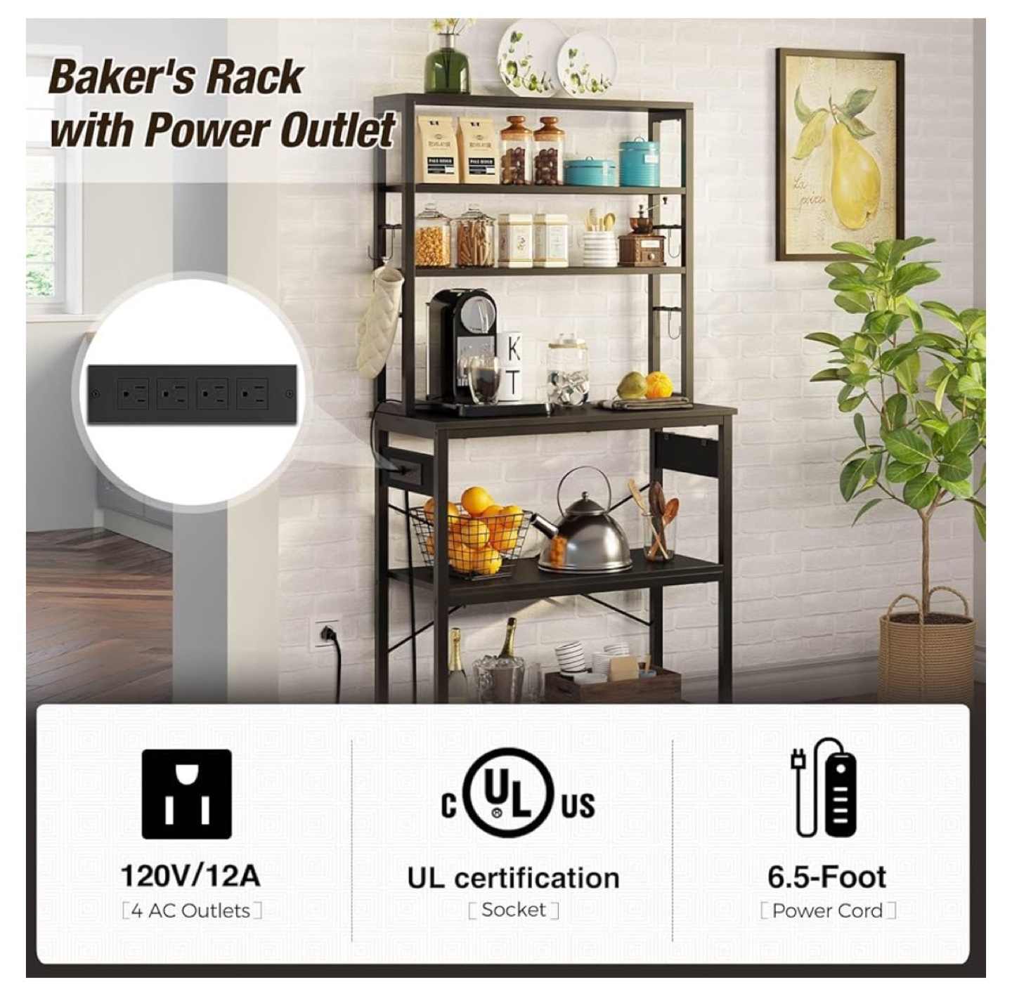 Black Metal Baker's Rack with Power Outlet - photo 4