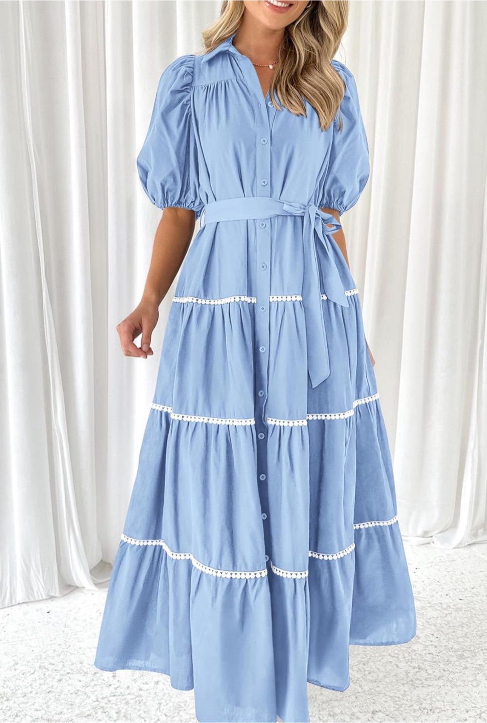 NEW! Beautiful Puffy Sleeve Button Down Light Blue Maxi Dress - photo 2