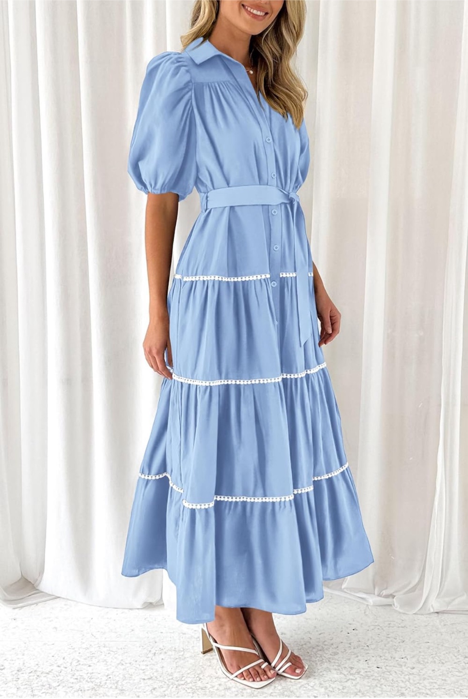NEW! Beautiful Puffy Sleeve Button Down Light Blue Maxi Dress - photo 4