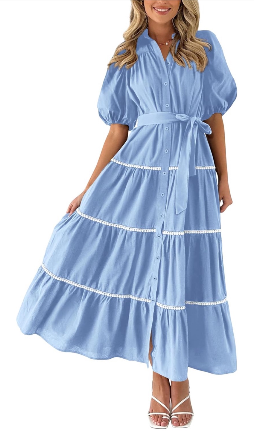 NEW! Beautiful Puffy Sleeve Button Down Light Blue Maxi Dress