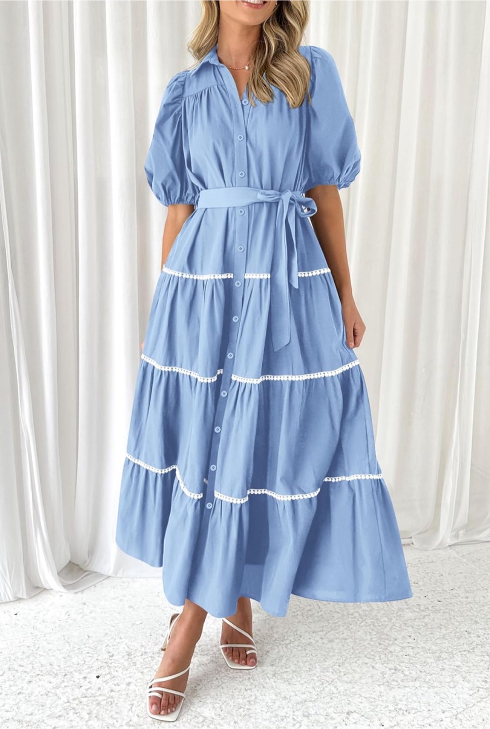 NEW! Beautiful Puffy Sleeve Button Down Light Blue Maxi Dress - photo 3