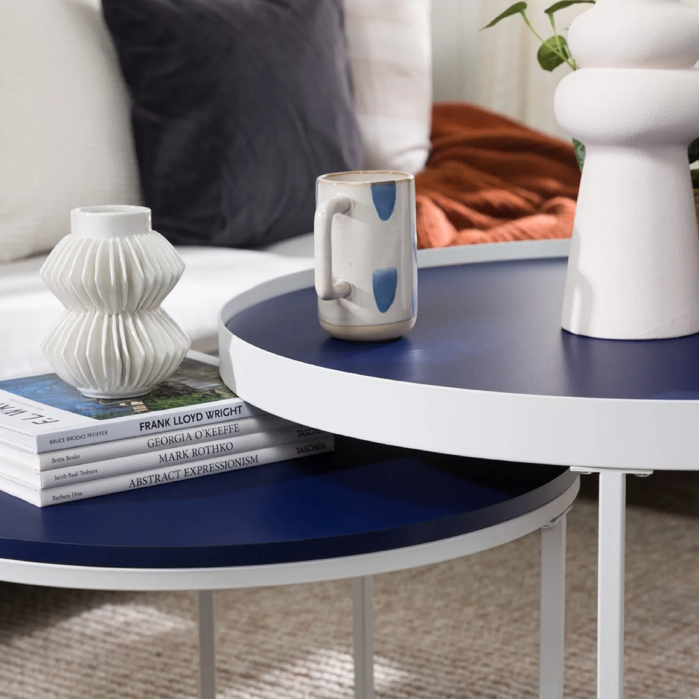 New Modern Blue and Chrome Round Nesting Coffee Tables image indicator(2)
