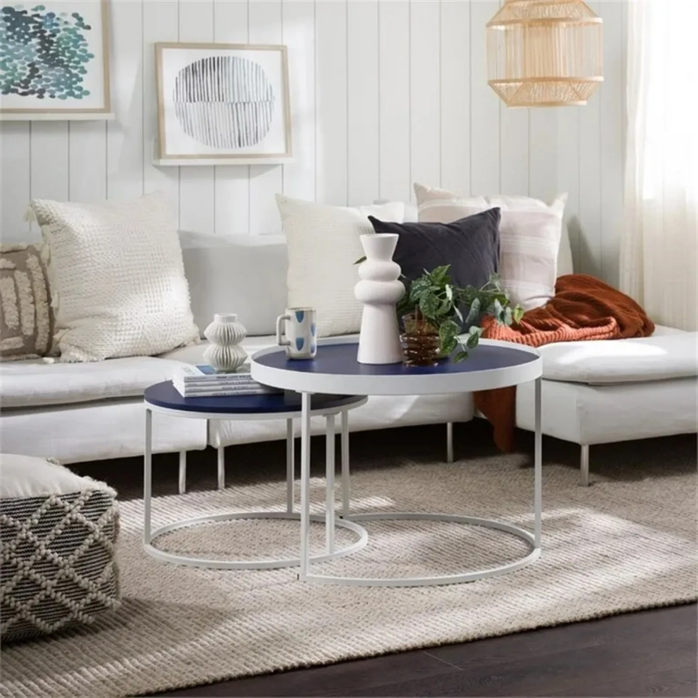 New Modern Blue and Chrome Round Nesting Coffee Tables image indicator(4)