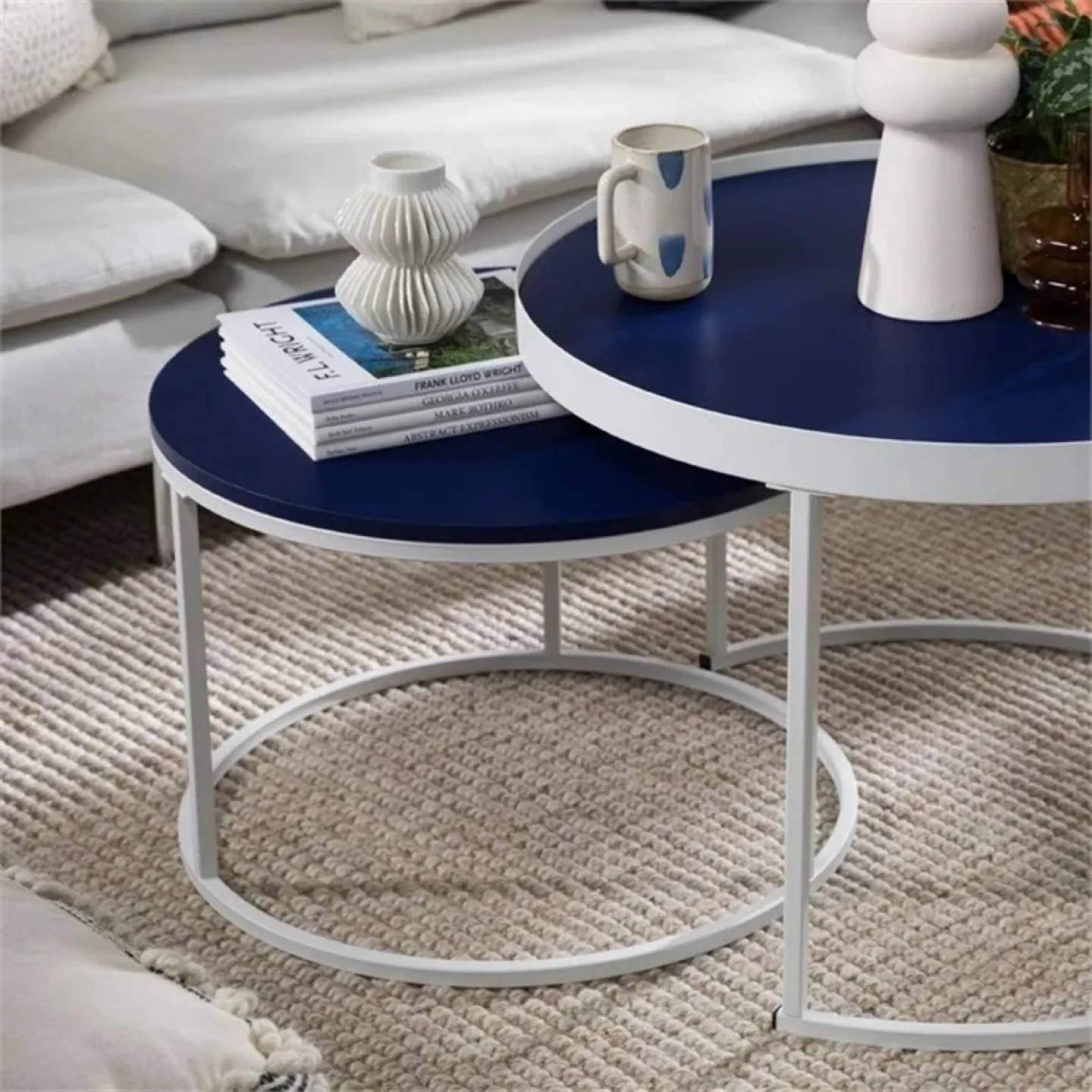 New Modern Blue and Chrome Round Nesting Coffee Tables image indicator(3)
