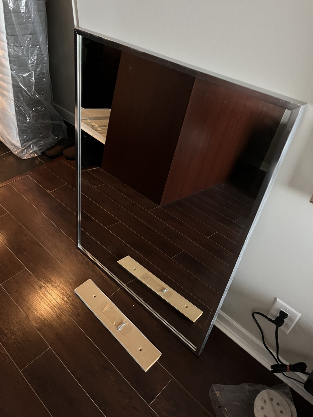 Silver framed large bathroom mirror (30”x38”)