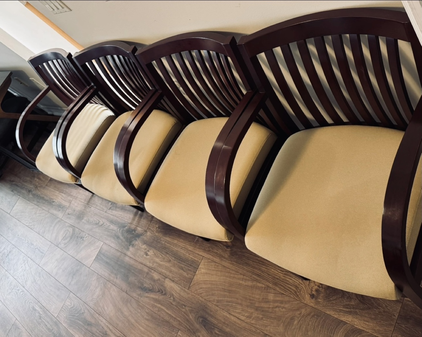 Set of Four Brown Wooden Armchairs