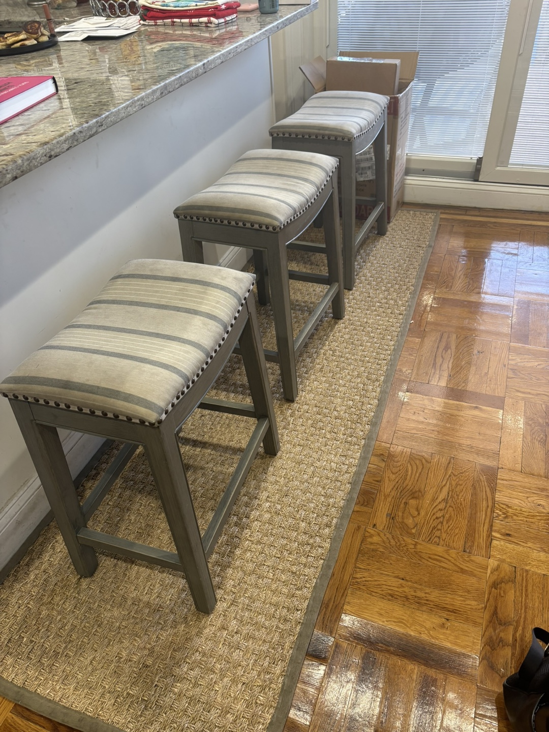 Set of Three Grey Striped Upholstered Bar Stools - photo 2