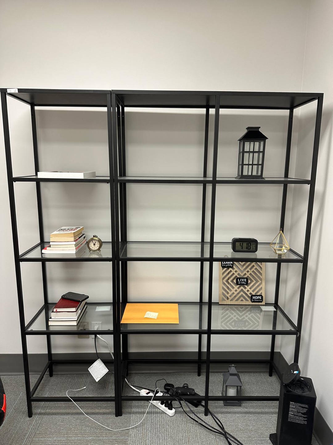 Pair of Black Metal Bookshelves with Glass Shelves