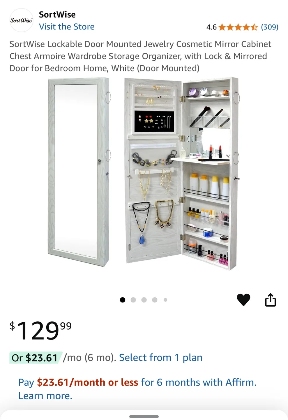 Jewelry Cabinet with full mirror thumbnail