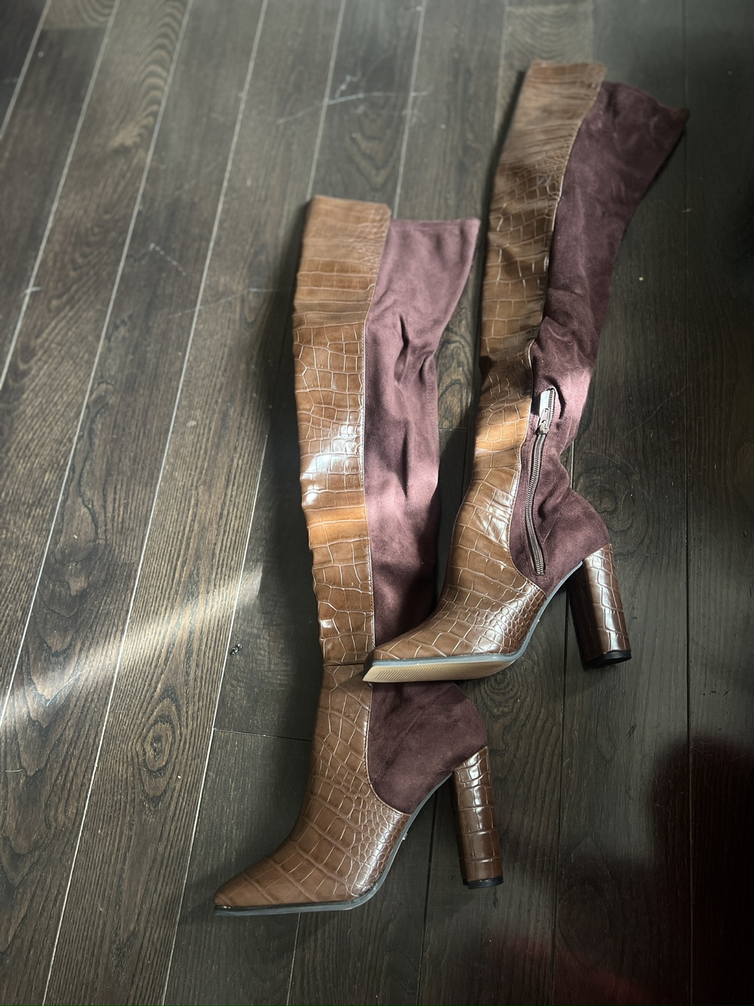 Brown Croc and Suede Over-the-Knee Boots