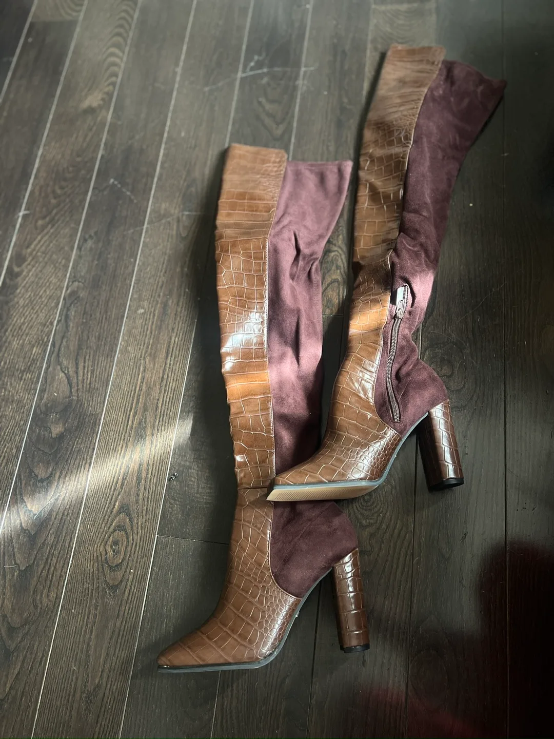 Brown Croc and Suede Over-the-Knee Boots thumbnail
