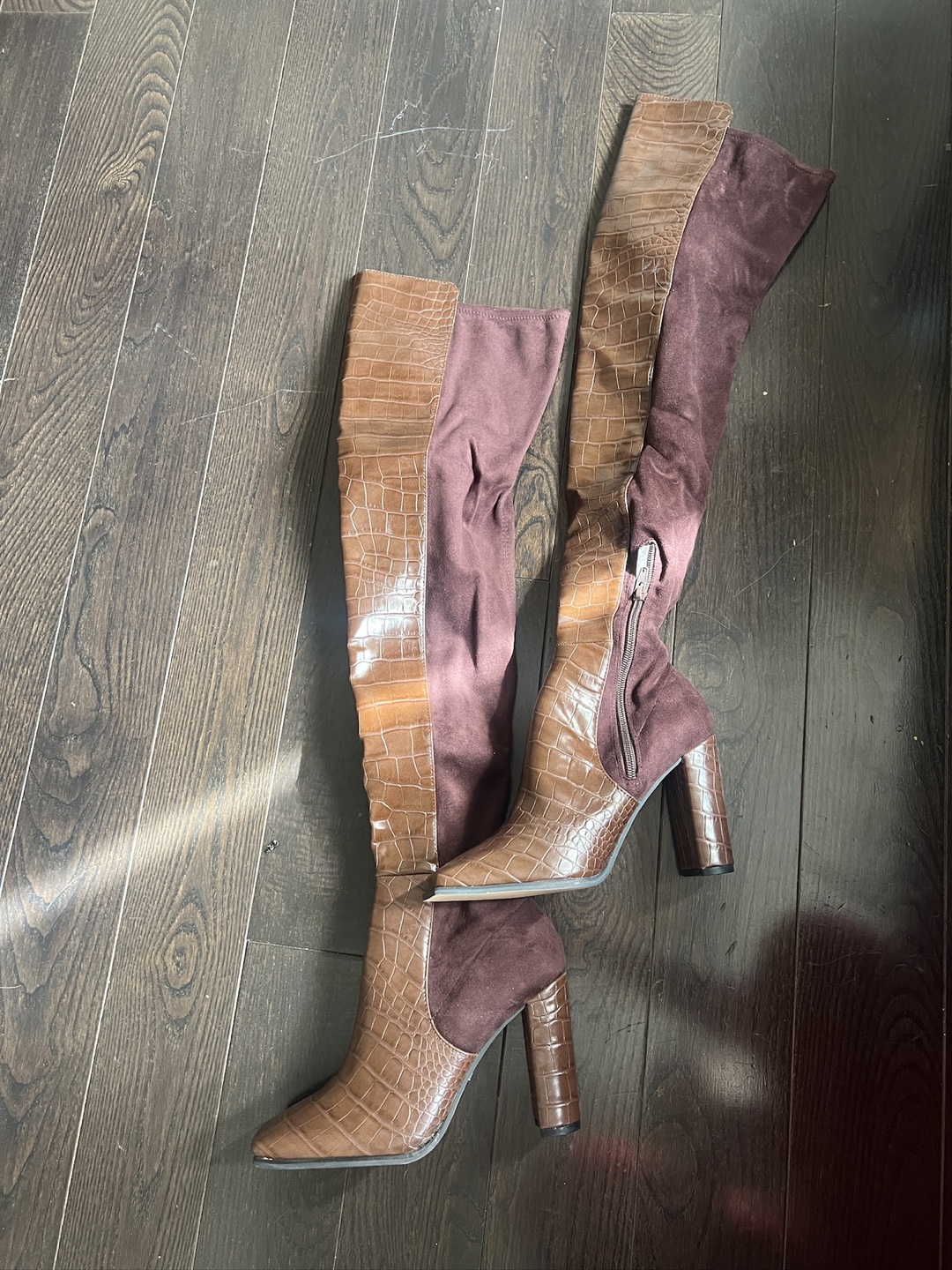 Brown Croc and Suede Over-the-Knee Boots - photo 4