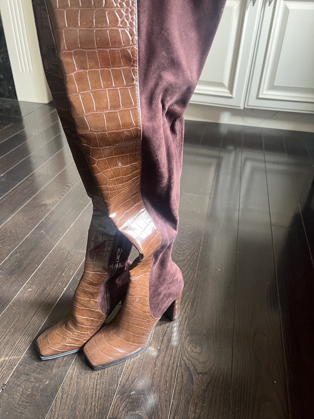 Brown Croc and Suede Over-the-Knee Boots - photo 2