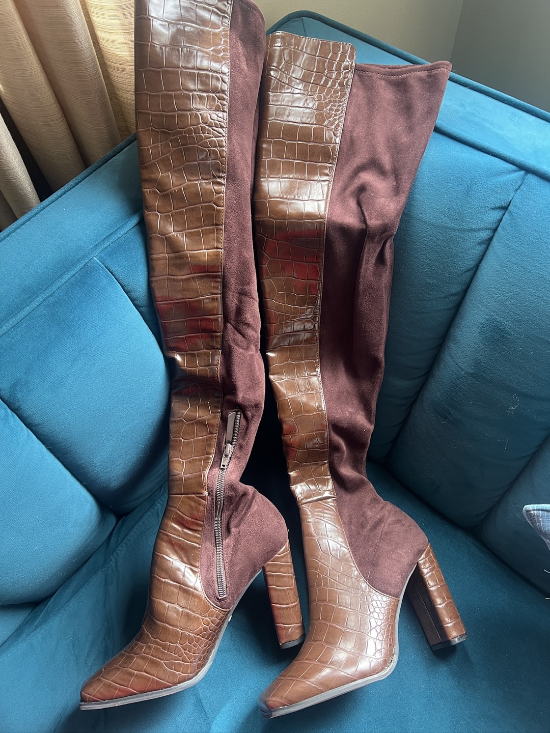 Brown Croc and Suede Over-the-Knee Boots - photo 3