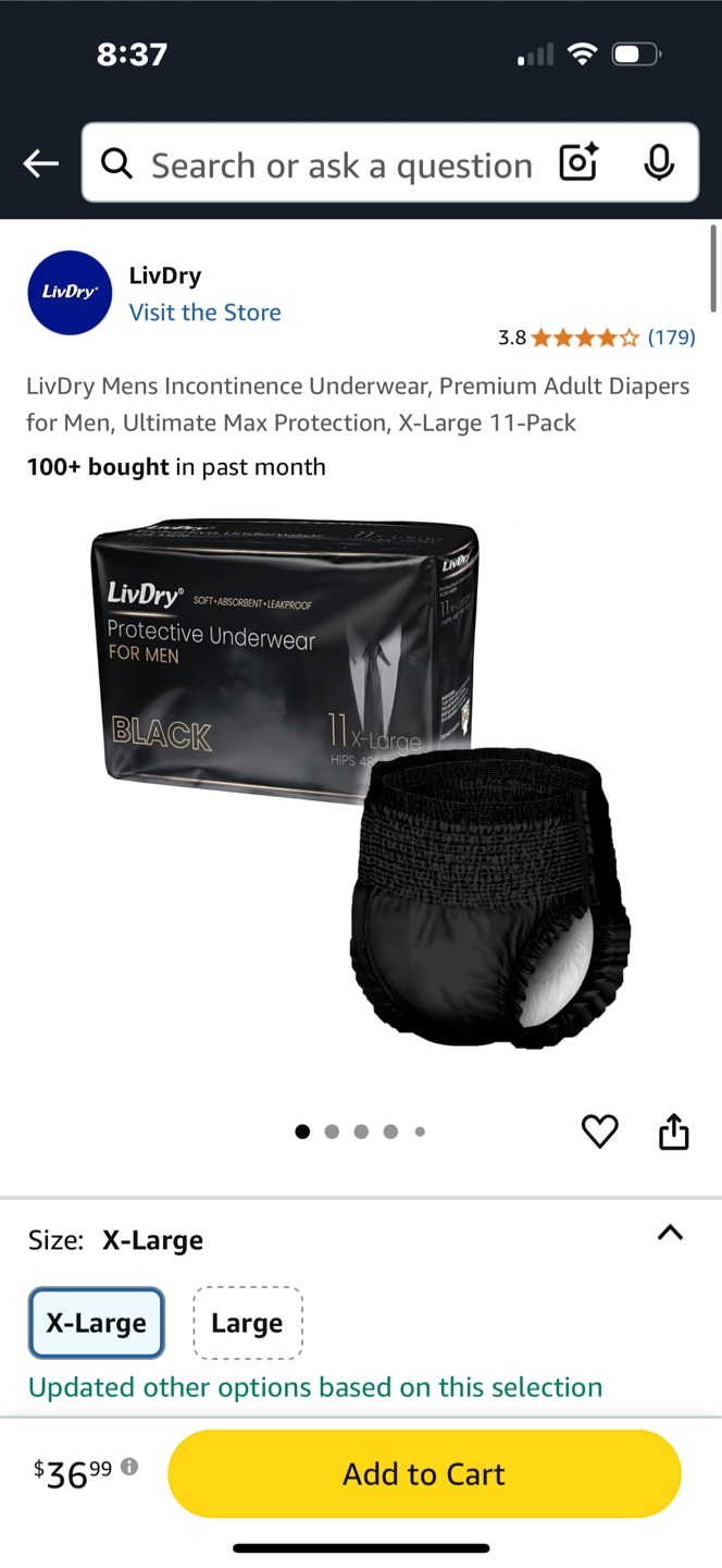 LivDry Men's Protective Underwear - X-Large - Black - 11 Pack - photo 2
