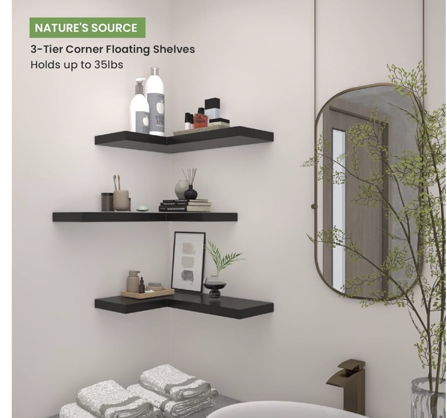 Nature's Source 3-Tier Corner Floating Shelves - Black - photo 4
