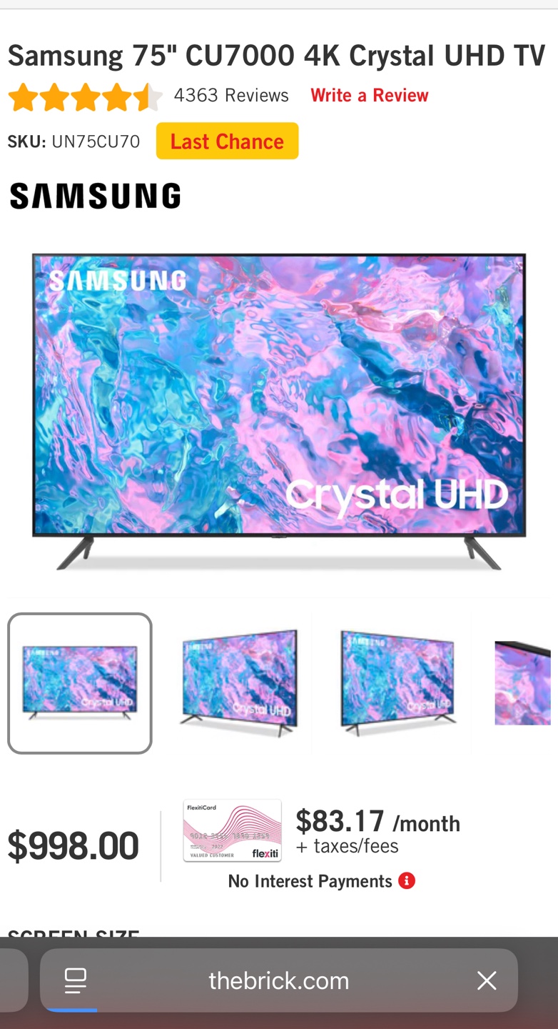Samsung 75” 4K UHD Smart TV – Barely Used, $750 Cash