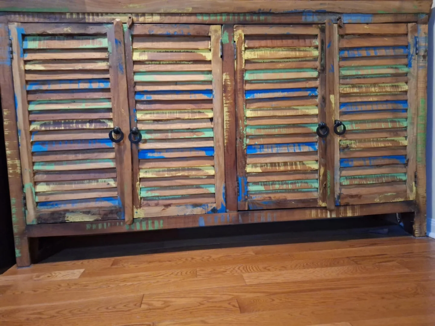 Vintage Wooden Cabinet with Multicoloured Louvered Doors thumbnail