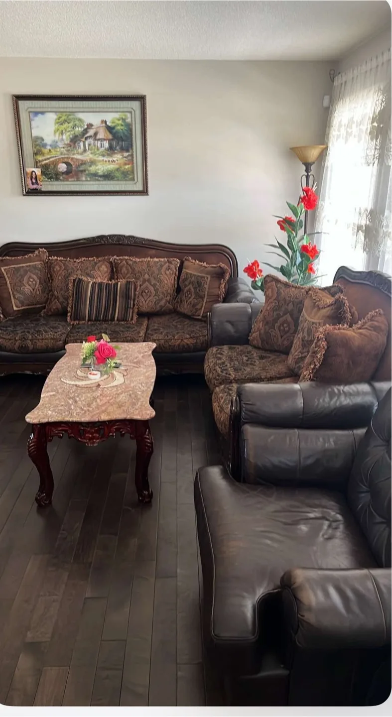 Brown Leather and Fabric Sofa Set