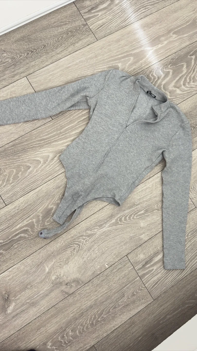 Grey ribbed zip-up bodysuit thumbnail
