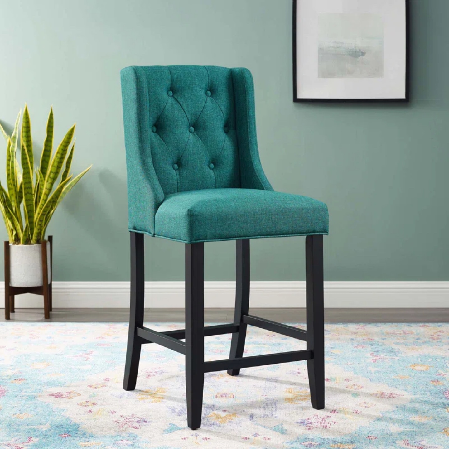 Pair of Teal Upholstered Wingback Bar Stools