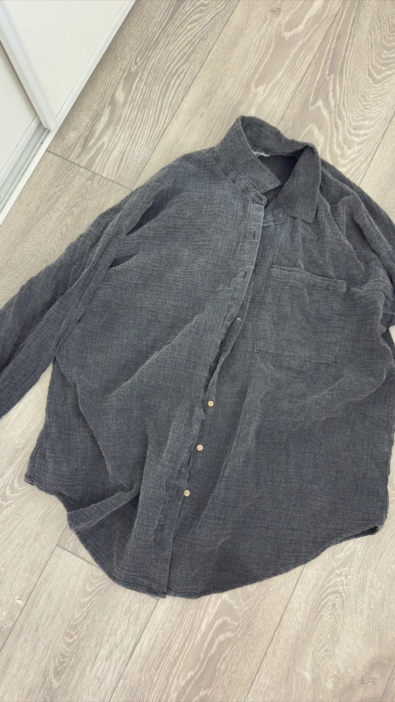 1X Dark Grey Long Sleeve Woven Button-Up Shirt thumbnail