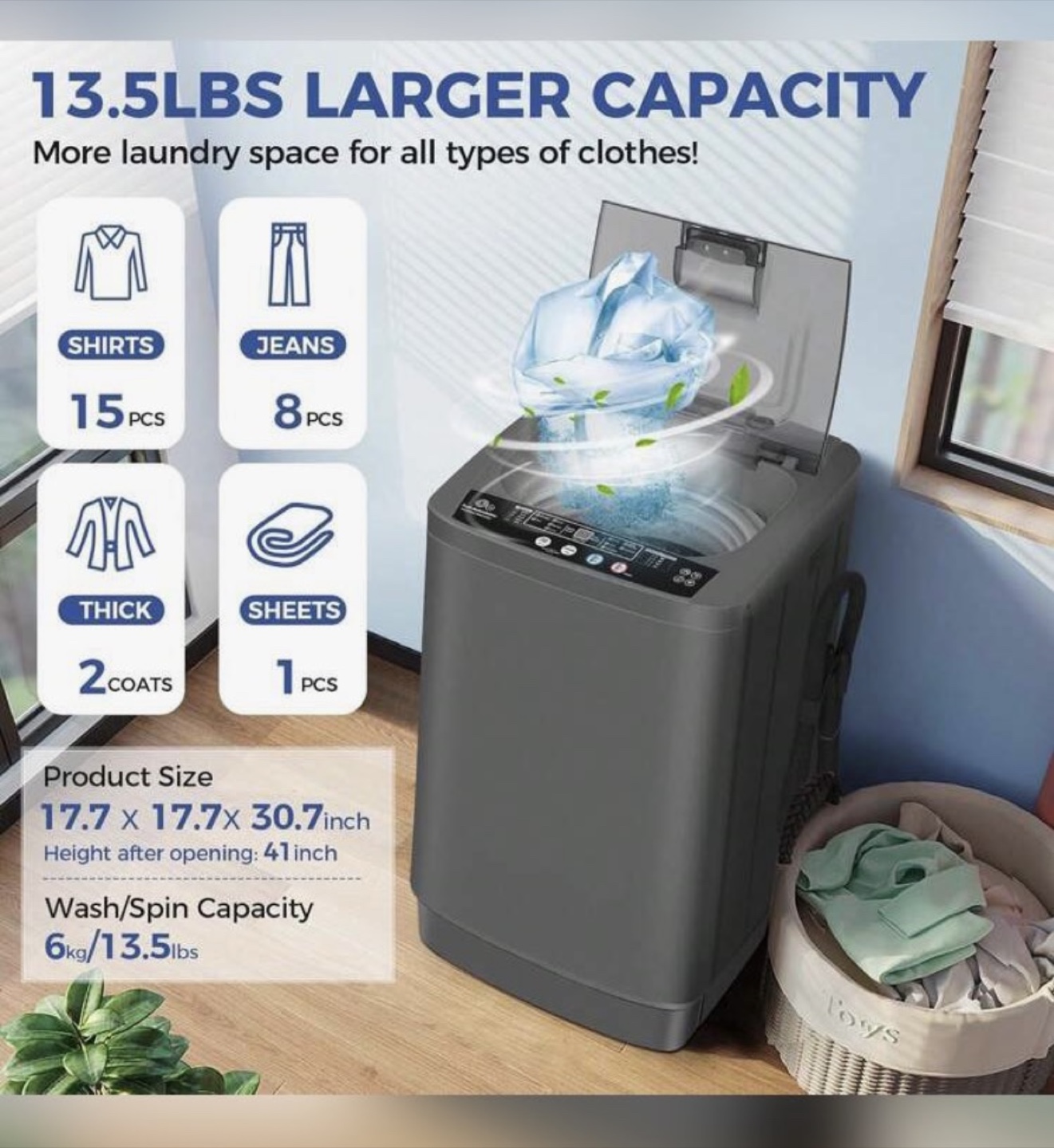 13.5lbs Large Capacity Compact Washer - photo 2