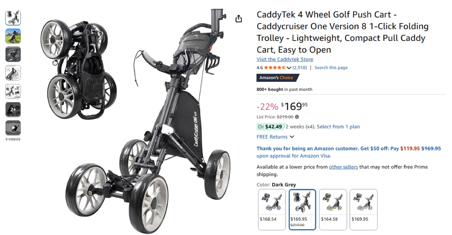 CaddyTek CaddyCruiser One 4-Wheel Golf Push Cart