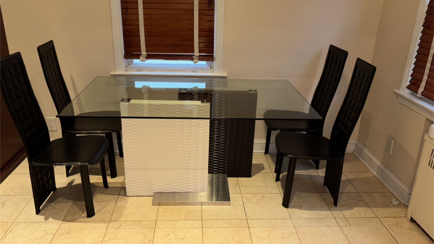 Glass Top Dining Table with 4 Black Chairs