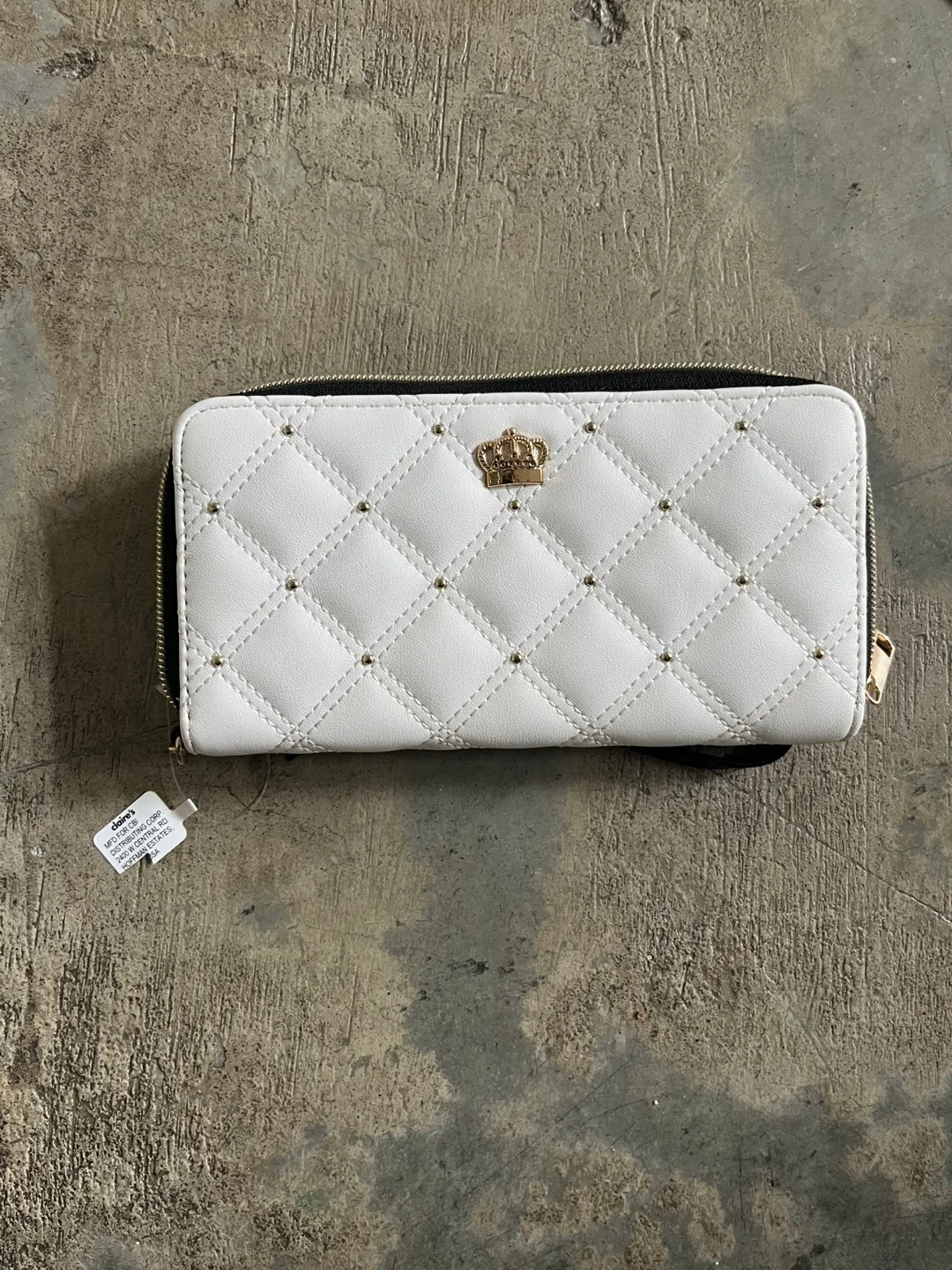 White Quilted Zip-Around Wallet with Crown Detail thumbnail