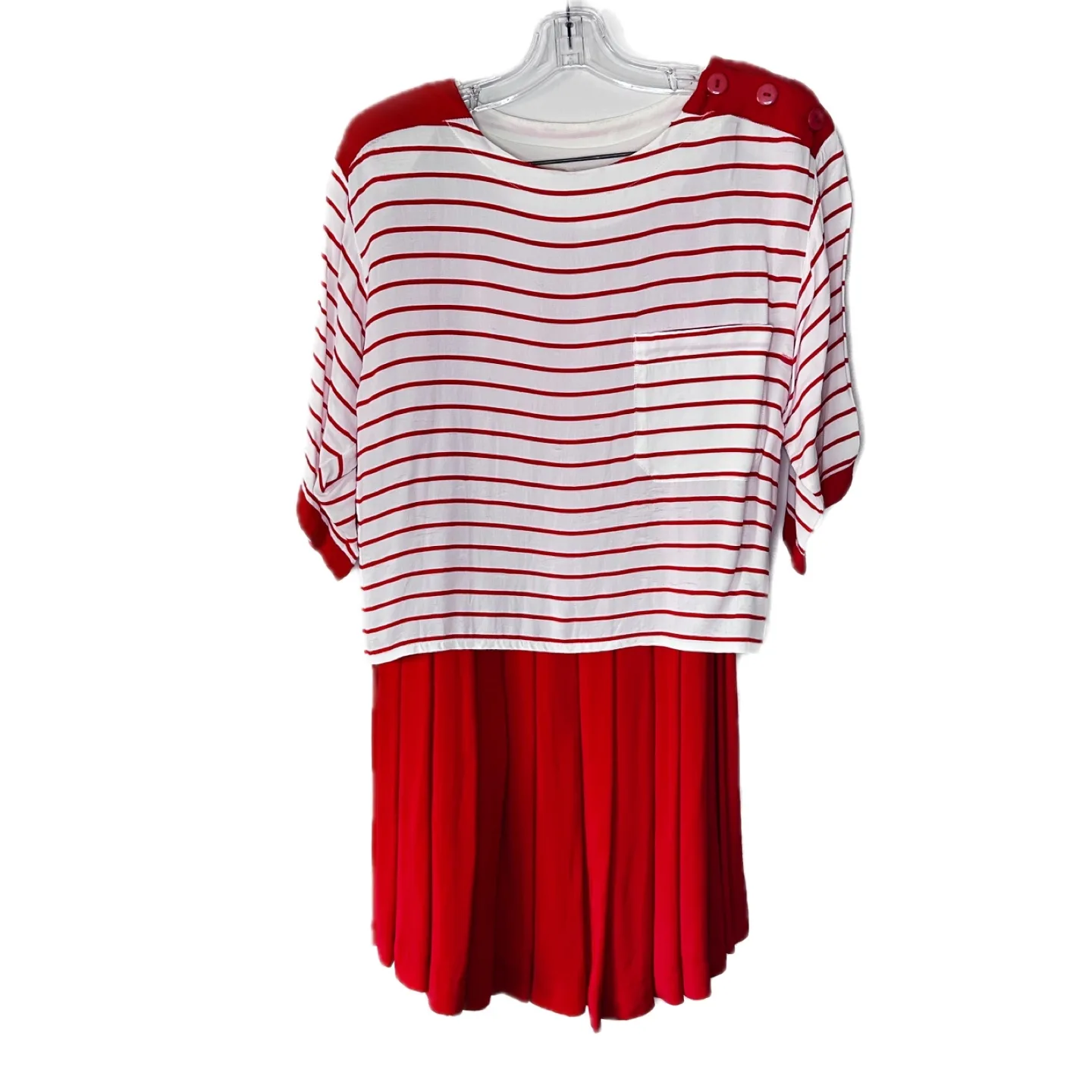 Vintage White Striped Blouse Red Midi Pleated Skirt Size 6 image indicator(2)