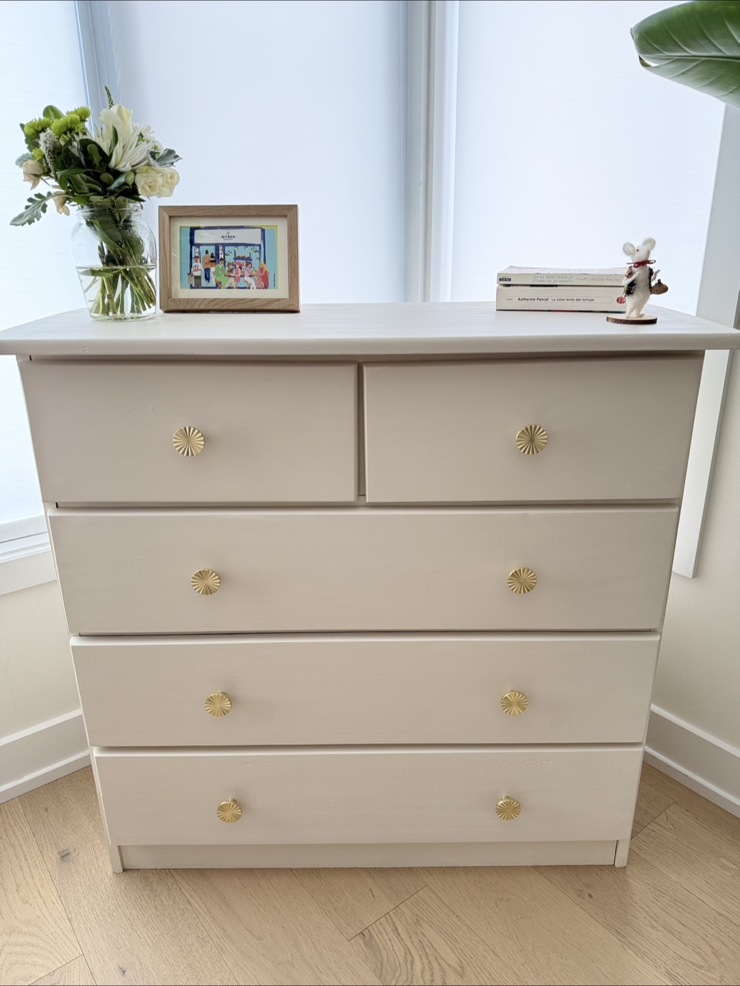 Five-Drawer refinished Dresser with Gold Knobs