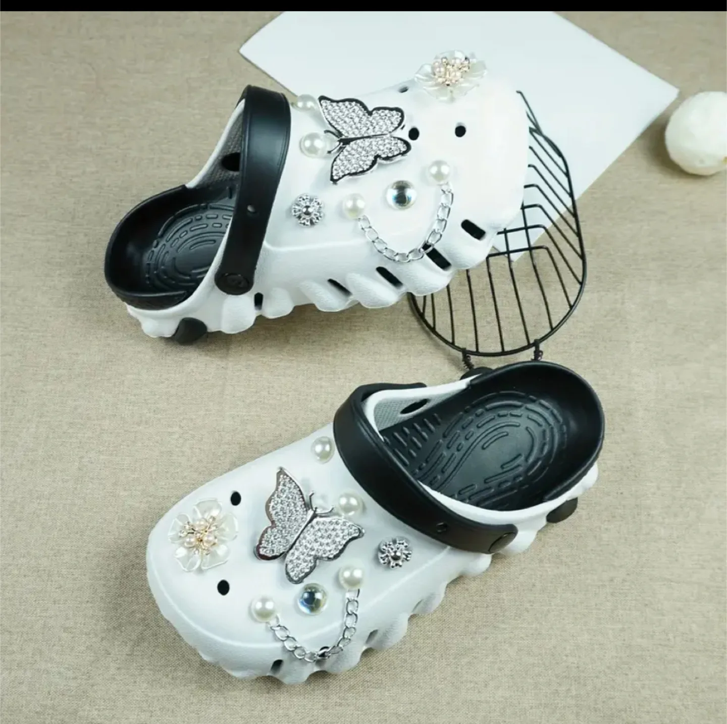 Custom Decorated Clogs - White with Butterfly & Pearl Accents image indicator(2)