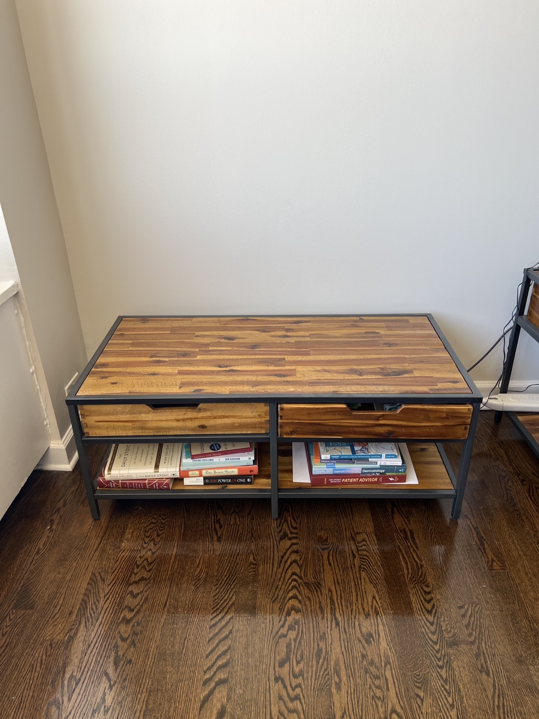 Industrial Farmhouse Coffee Table with Two Drawers and Shelf