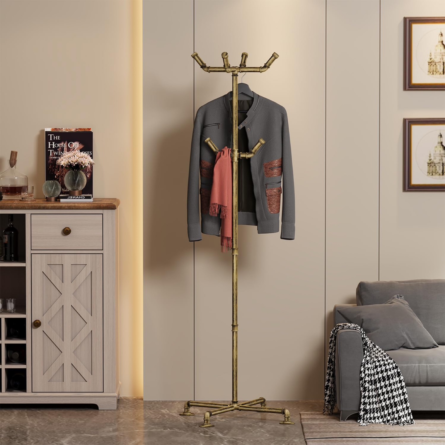 New Industrial Coat Rack, Metal Pipe Freestanding with 6 Hooks - photo 2