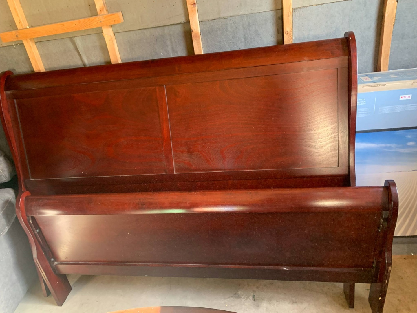 Sleigh Bed Frame - Queen Size - Dark Wood