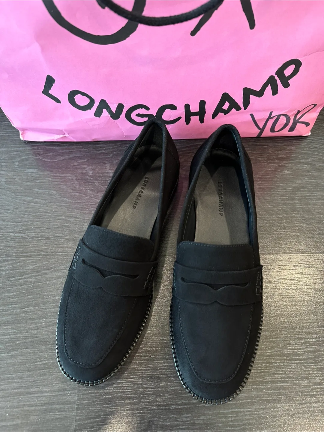 Longchamp Black Suede Loafers Size 35 NEW thumbnail