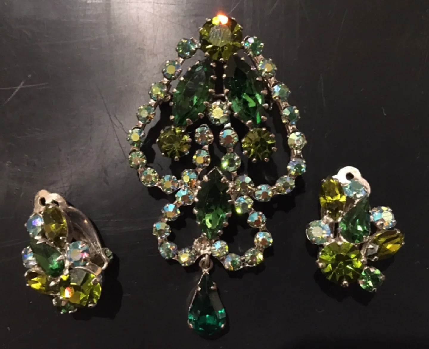 Vintage Green Rhinestone Statement Brooch and Earring Set thumbnail