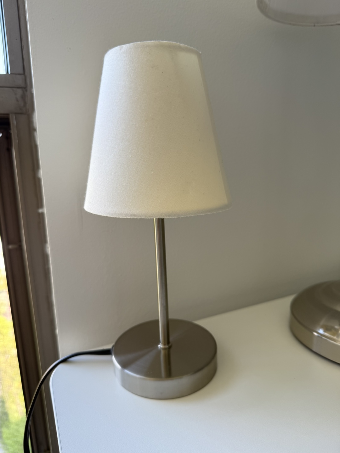 Small Brushed Nickel Table Lamp with Off-White Shade