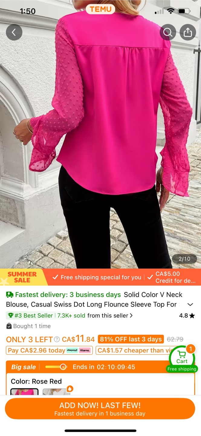 Women's Pink Swiss Dot Flounce Sleeve Blouse - Size Small - photo 2